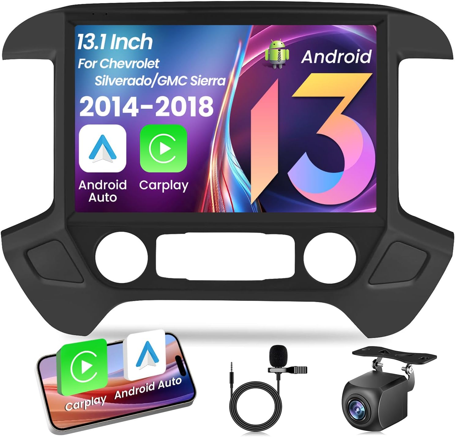 2K Screen (4+64G) 13.1Inch Replacement Head Unit Car Stereo Radio for Chevy Silverado/GMC Sierra 2014-2018: with Carplay/Android Auto -5GWiFi (RDS High-Fidelity Sound&Support Upgrade to Bose System)