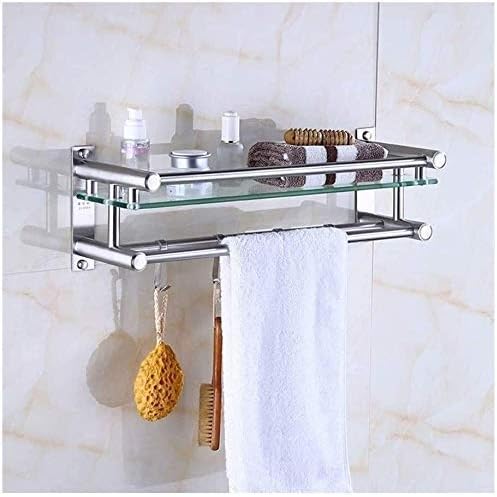 Corner Storage Holder Shelf Bathroom Glass Shelves Bath with Movable Hook Brushed Stainless Steel Wall Mount 16 Inch 2 Tiers(1 Tier-50cm)