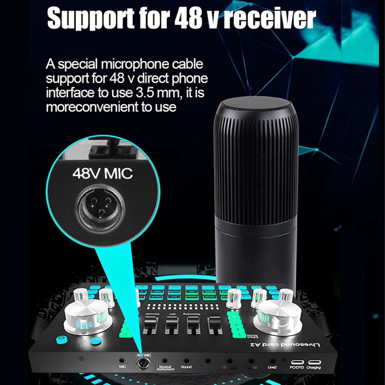 Live Sound Card, Professional Audio Mixer with Sound Effects & Voice Changer, Bluetooth 48V Phantom Power Audio Interface Sound Board for Podcast Recording, Live Streaming, Gaming