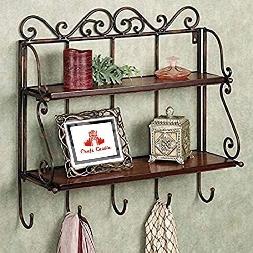Wooden Iron Wall Shelf with 2 Shelves and 5 Hooks, Foldable Kitchen Rack, Wall Bracket
