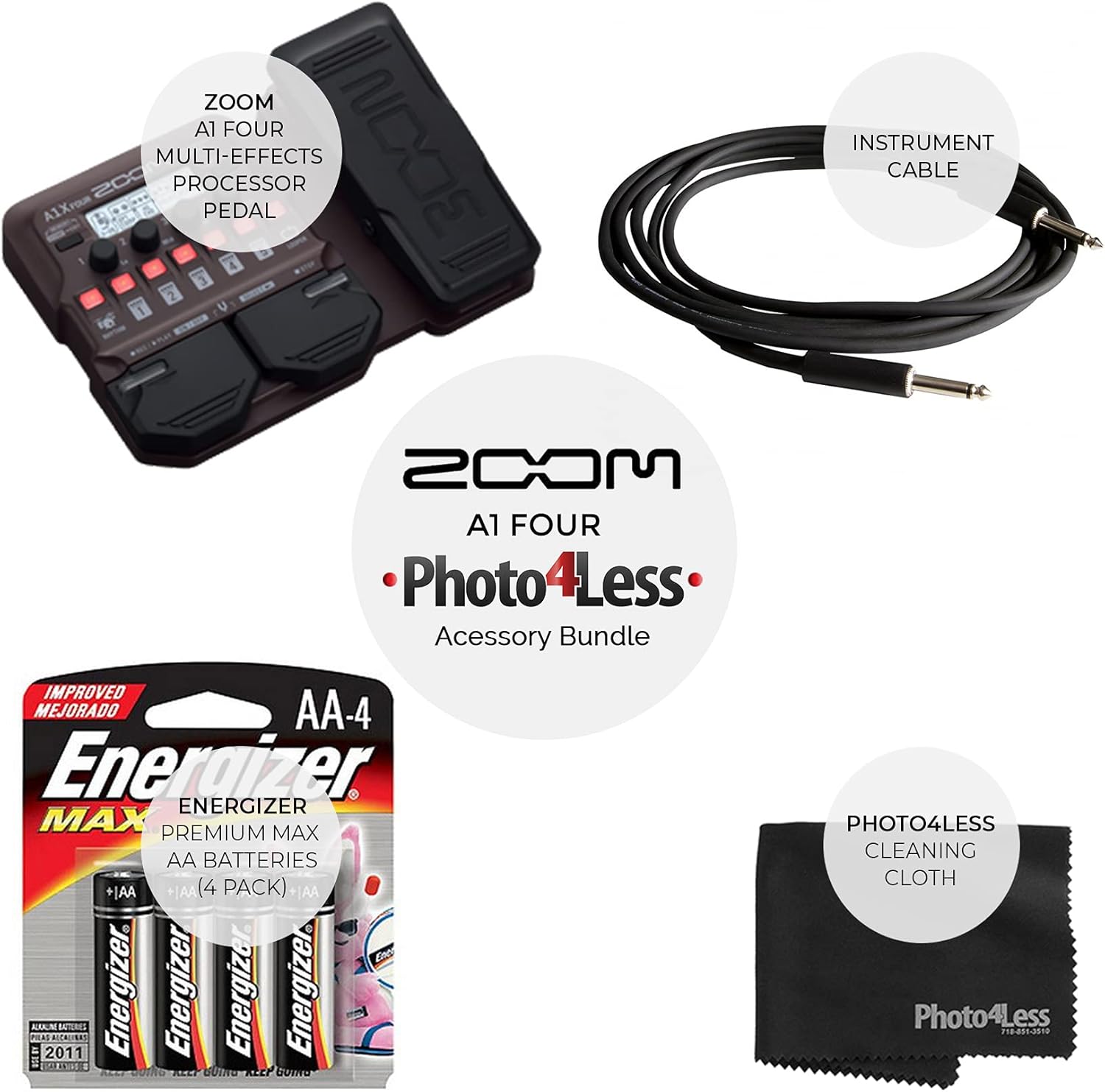 Zoom A1 FOUR Acoustic Instrument Multi-Effects Processor Pedal for Musical Instruments + 4x AA Batteries + Cable + Cleaning Cloth - Top Value Bundle