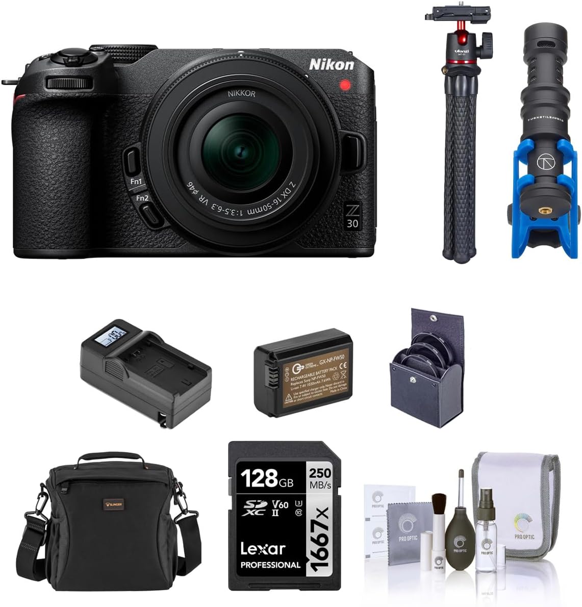 Nikon Z 30 DX-Format Mirrorless Camera with 16-50mm Lens, Bundle with 128GB Memory Card, Bag, Microphone, Mini Tripod, Battery, Charger, 46mm UV, CPL and ND Filters, Cleaning Kit