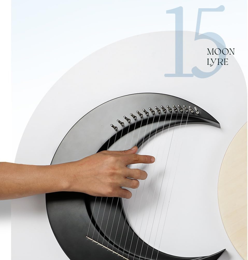 15-string Crescent Moon Type Lyre C Key Harp Portable Lyre Steel Wire Strings Mini Stringed Instrument Portable Harp for Music Lovers with Tuning Wrench Black