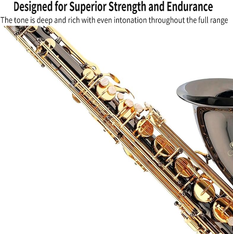 Mendini By Cecilio Tenor Saxophone - B Flat Black Golden Lacquer Saxophone for Beginner Musicians with Hard Case, Tuner, Mouthpiece, 10 Reeds, Polishing Cloth, Cleaning Rod, Gloves, Strap