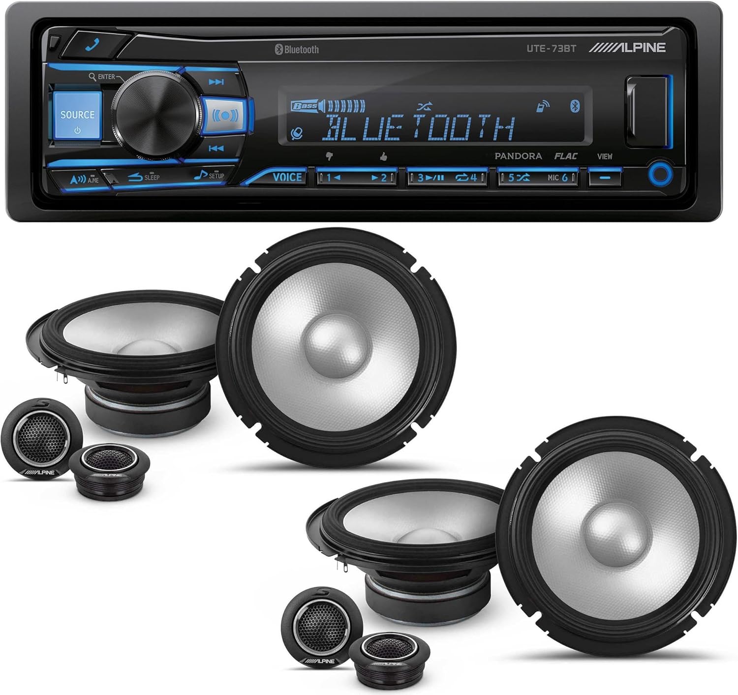 Alpine UTE-73BT Mech-Less Digital Bluetooth Media Receiver with 2 Pairs Alpine S2-S65C Type S 6.5