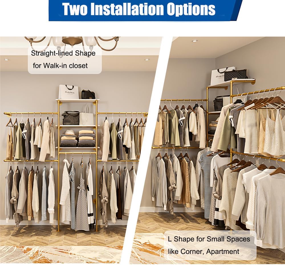 Heavy Duty Gold Pipe Clothing Rack - Wall Mounted Industrial Clothes Rack, DIY Corner Closet System with Shelves, Adjustable Walk-in Closet Organizer (GOLD, 94.5
