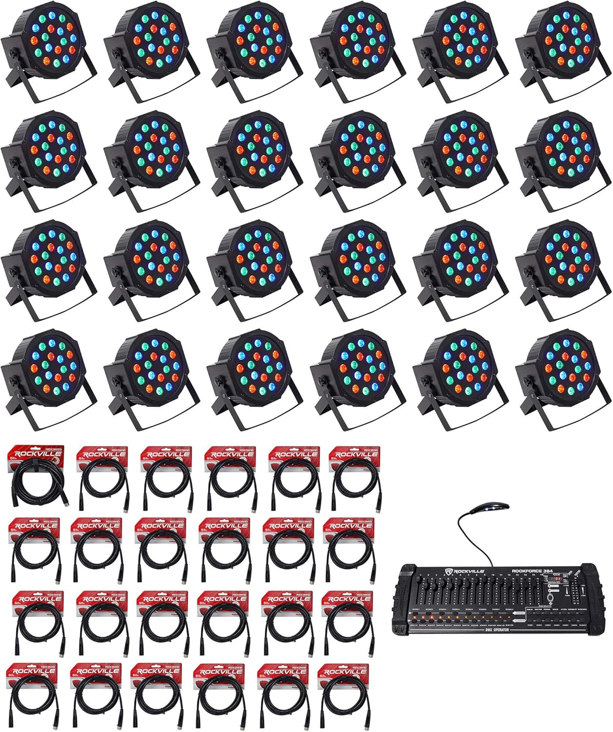 (24) Rockville LED RGB Par Can Wash Light + Dual Bracket Bundle: (1) Lighting Controller + MIDI Control, (1) 25ft 3 Pin DMX Lighting Cable, (23) 10ft 3 Pin DMX Lighting Cables (49 Items)
