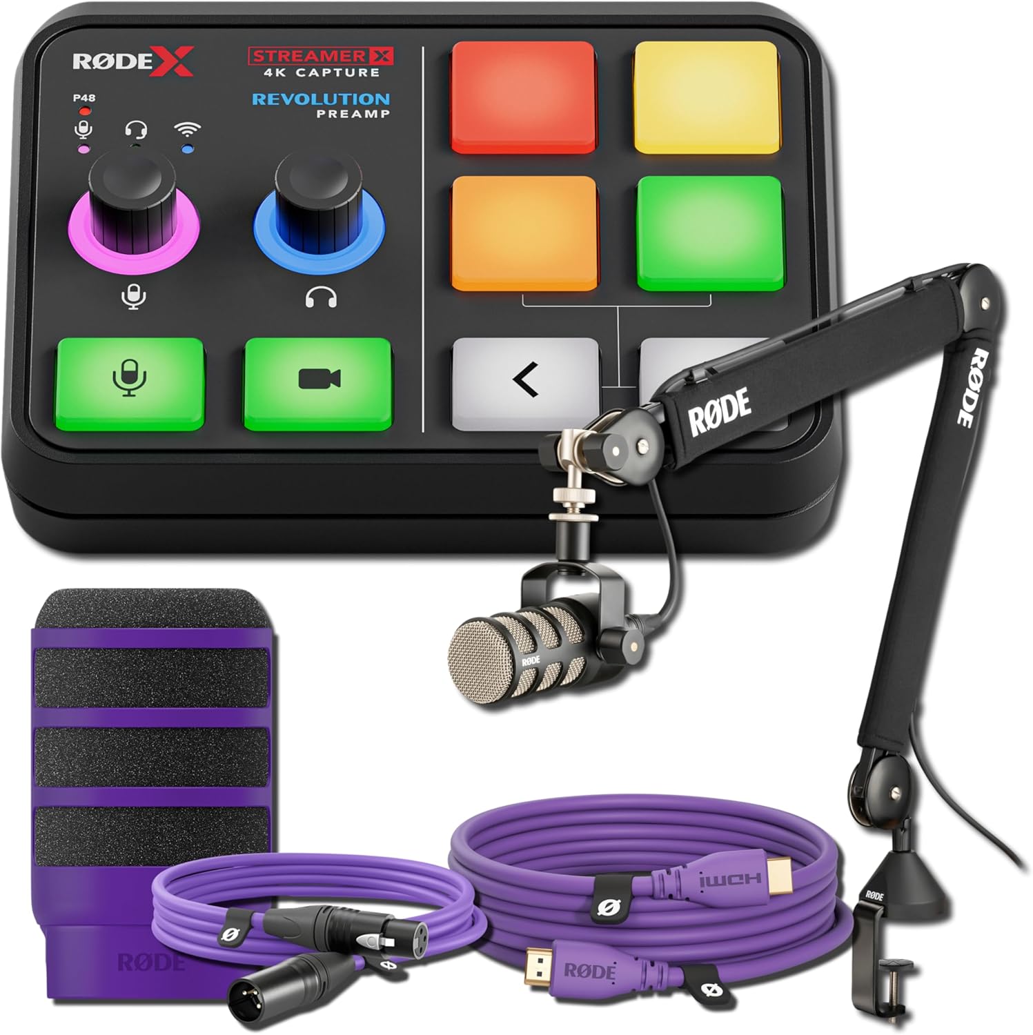 Rode Streamer X Audio Interface/Video Capture Card with PodMic, PSA1+ Broadcast Microphone Boom Arm, WS14 Pop Filter, 3m HDMI Cable, and XLR Cable (Purple)
