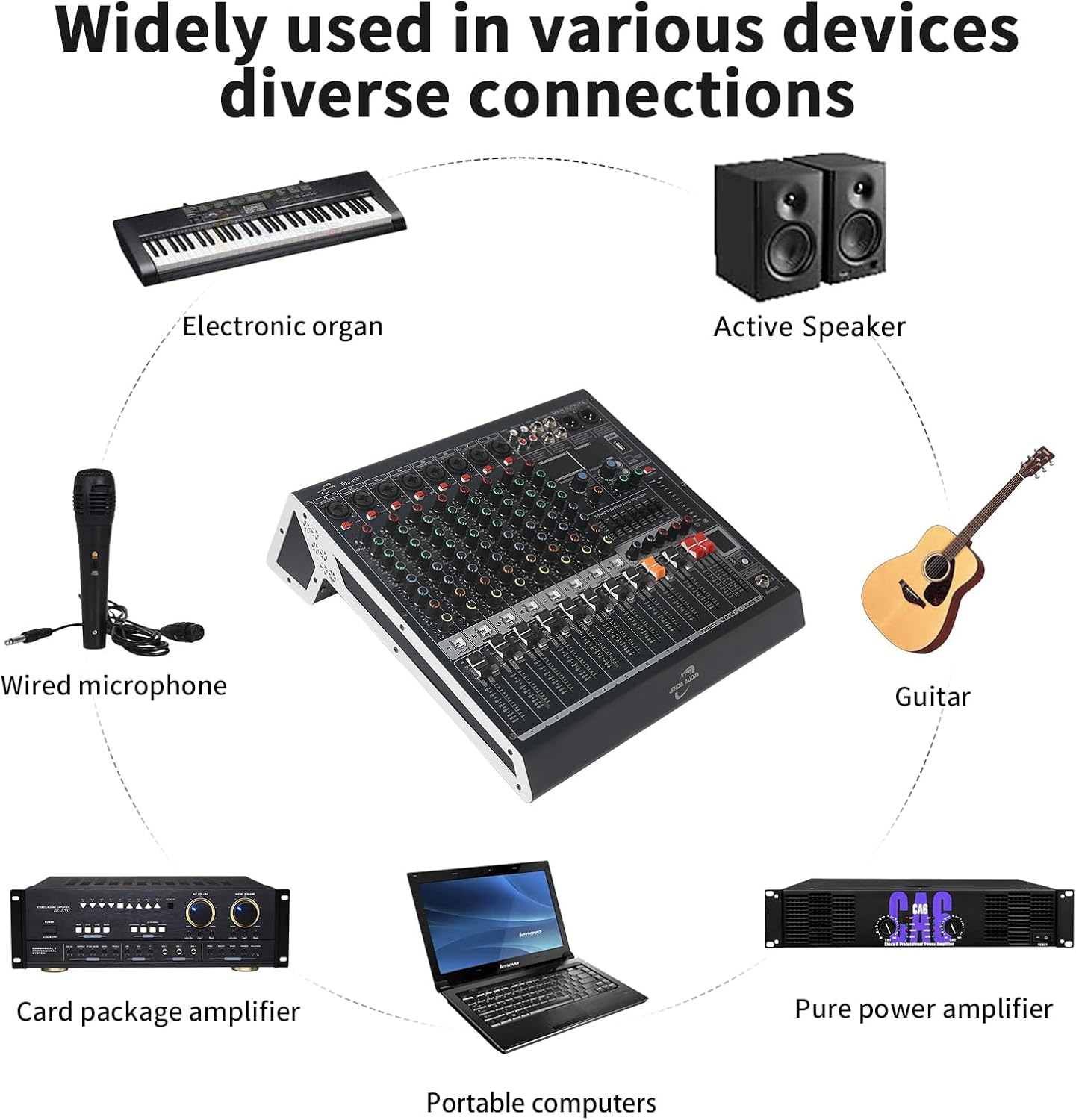 Audio Mixer 8 Channel, DJ Mixer Board with Bluetooth and Usb, Audio Sound Card with Interface Recording and 48V Phantom Power, Sounds Mixer with 256 DSP FX Reverb Delay Effect for Streaming