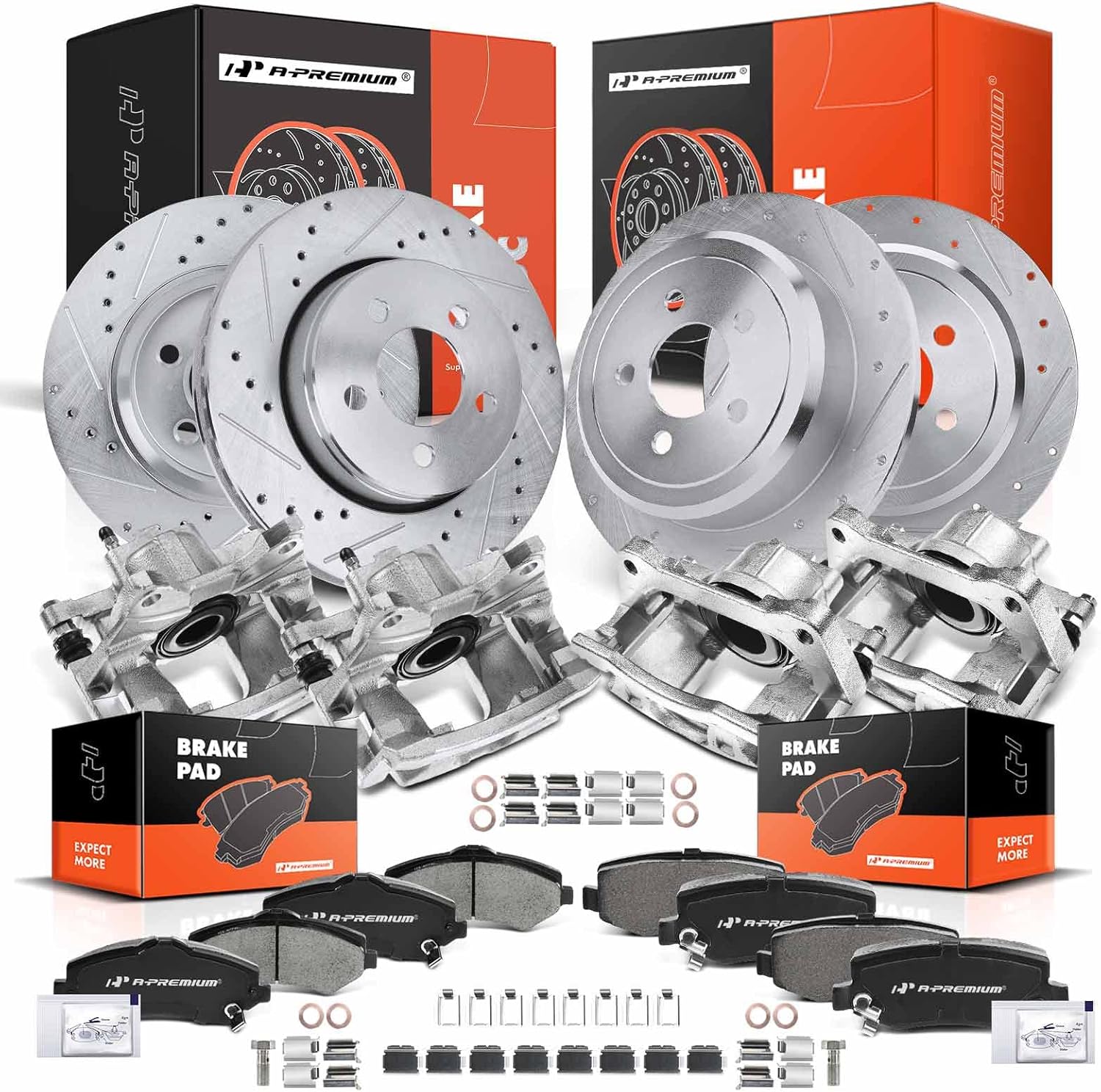 A-Premium Front and Rear Sides Drilled and Slotted Disc Brake Rotors and Ceramic Pads Kit Compatible with Jeep Liberty 2008-2012 & Dodge Nitro 2007-2010 16-PC Set