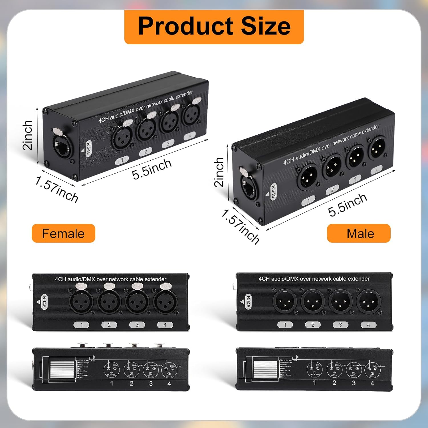 4 Pack 4 Channel 3 Pin Multi Network XLR Cable Breakout 3 Pin XLR Male and Female Over RJ45 Ethercon Cable Multi Extender for Stage Lighting and Home Recording Studio Compatible