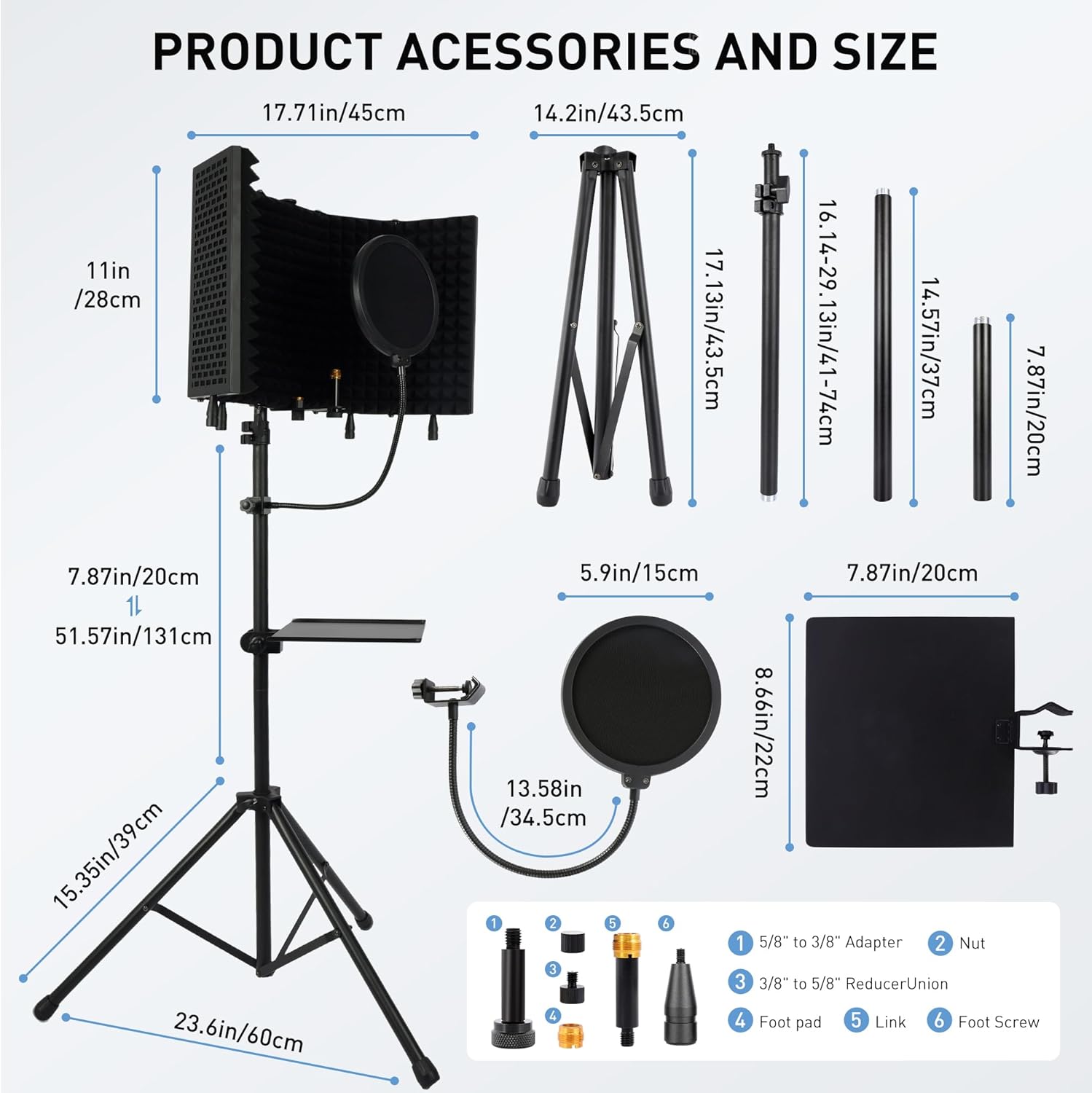 5-Sided Isolation Shield Microphone Stand, Studio-Grade Soundproof Booth with Pop Filter & High-Density Foam, Adjustable Tripod for Music studio, Podcasting Mic Stand with Pop Filter