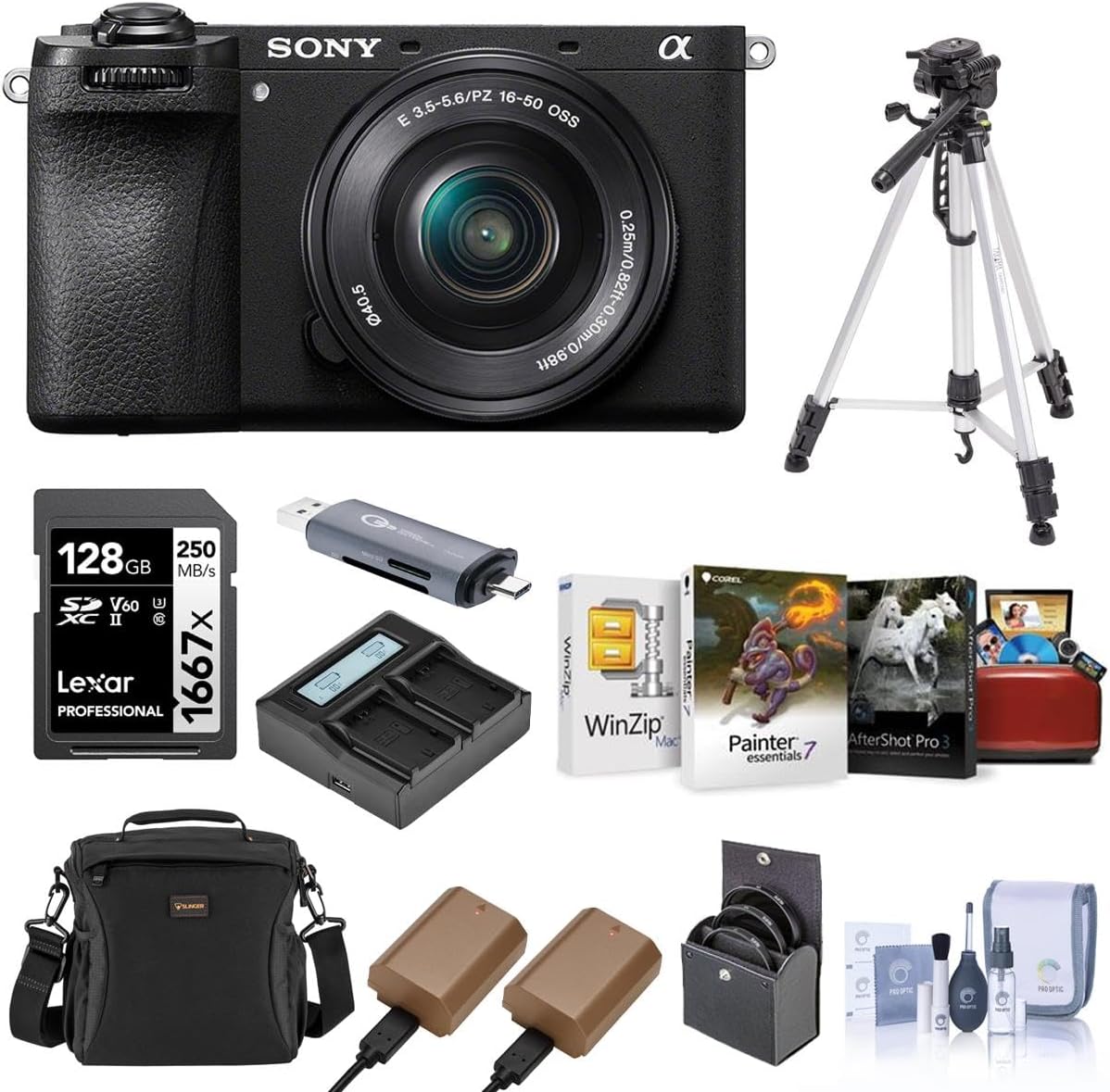 Sony Alpha a6700 Camera with E PZ 16-50mm f/3.5-5.6 OSS Lens Bundle with Shoulder Bag, 128GB SD Card, Card Reader, Corel Mac & PC Software Kit, 2x Extra Battery, Charger and More (10 Items)