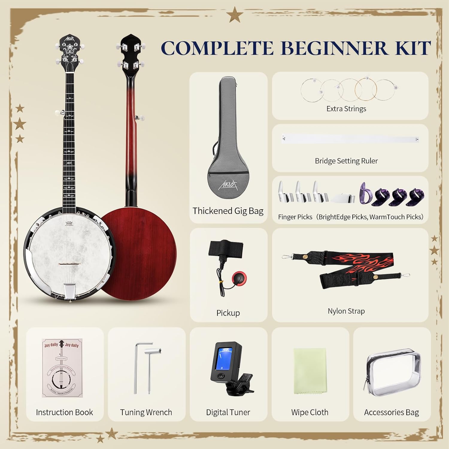 AKLOT Full-Sized Banjo with Remo Head: 38’’ 5 String Banjo Set with Removable Resonator, Geared 5th Tuner, 24 Brackets, Deluxe Beginner Kit with Gig Bag, Strings, Strap, Picks, Tuner, Bridge Ruler