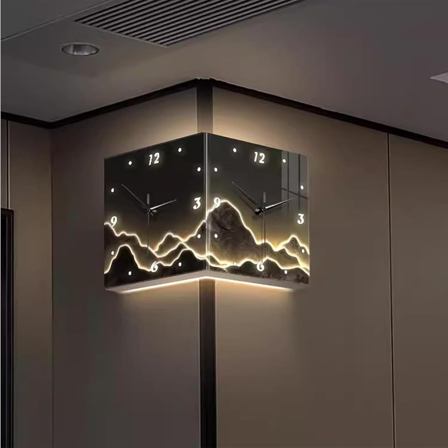 10in,Double-Sided Wall Clock, Punch-Free Corner Clock Wall Mount, Modern Corner Wall Clock with Light for Living Room Decor, Mountain Scenery Wall Mounted Angle Clock