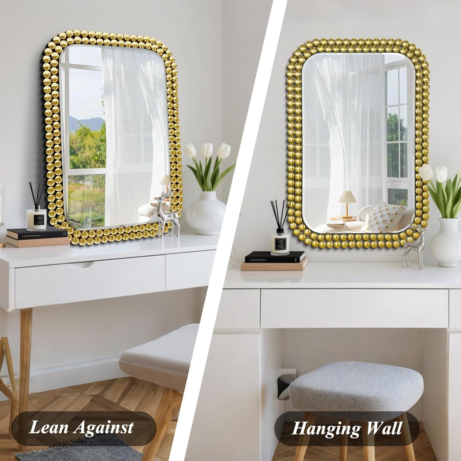 Wall Mount Bathroom Mirror Beaded Framed Baroque Decorative Vanity Mirror Rounded Corner Rectangle Mirror for Wall,Over Sink，Bedroom