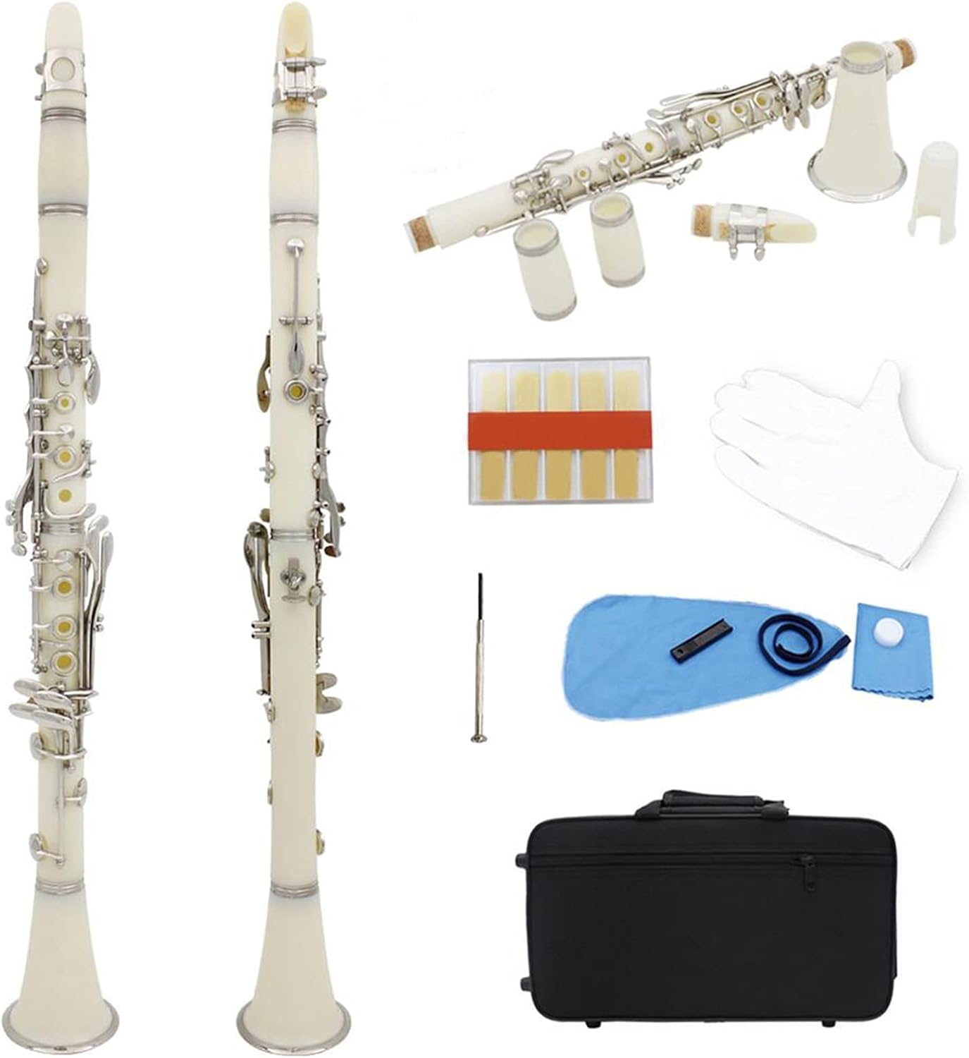 Clarinet Set 17-Key Clarinet B Flat Nickel-Plated Buttons Double-Barrel Metal Clarinet with Accessories Woodwind Musical Instrument White Professional Clarinet