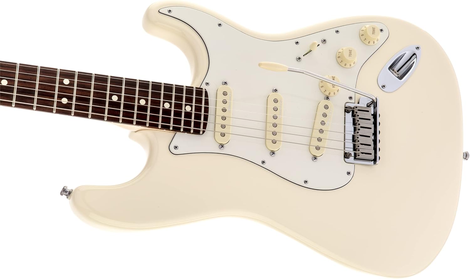 Fender Jeff Beck Stratocaster Olympic White Bundle with Premium Tweed Case, Instrument Cable, Tuner, Guitar Strap, Extra Strings, 24-Pack of Picks, and Austin Bazaar DVD