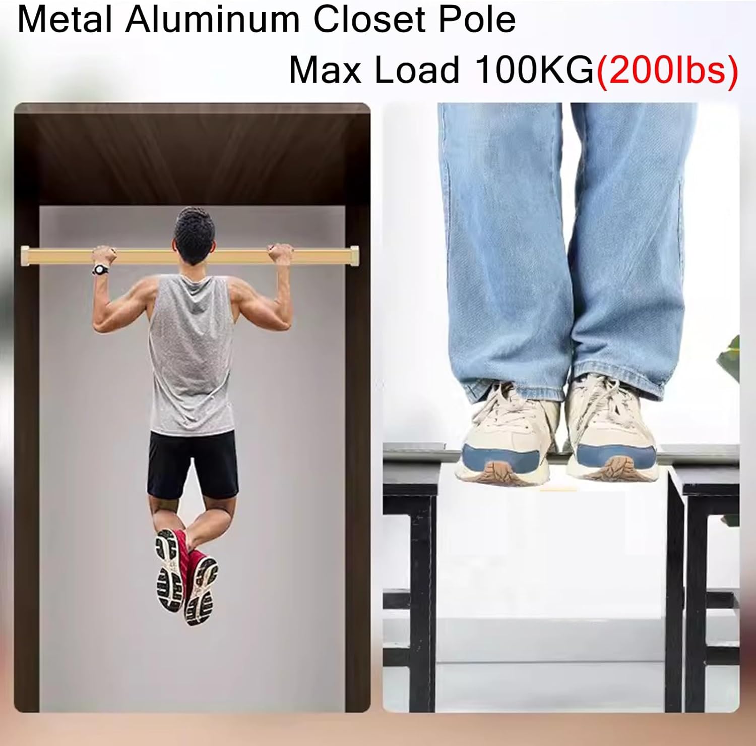 ZAQYCM 2.6mm Thick Heavy Duty Closet Pole Gold, Wardrobe Hanger Bar Kits Wall Mount, Commercial Valet Rod for Retail Store, Hotel Restaurant, Boutique and Bay Window (Size : Closet Width 32