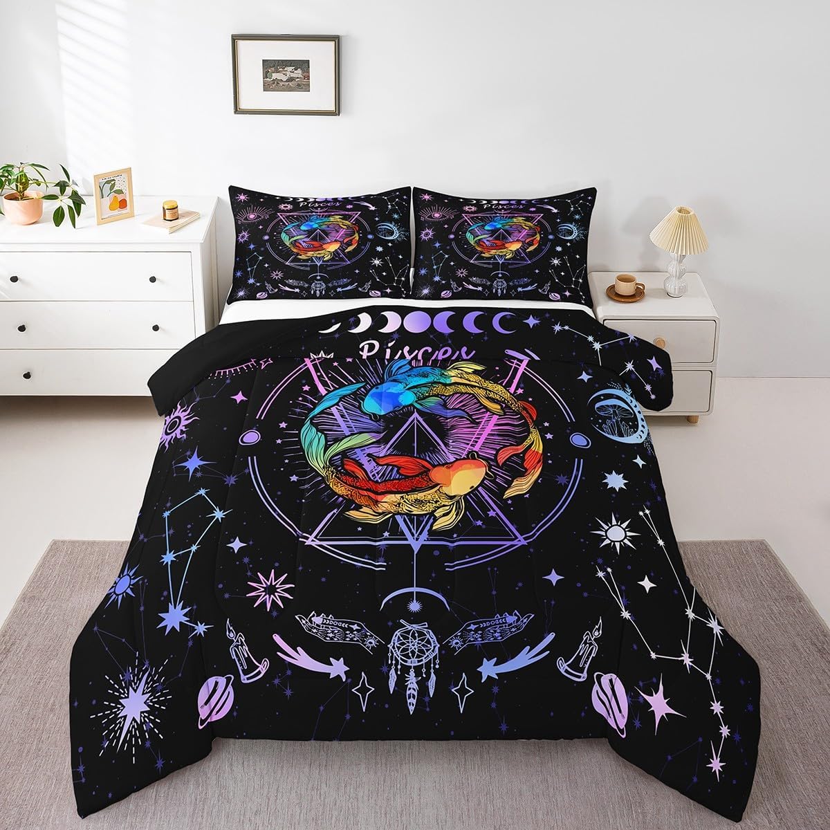 Manfei Pisces Comforter Set King Size, Galaxy Sun Moon Stars Quilt Set with 2 Pillowcases, 12 Constellations Zodiac Bedding Set 3pcs for Kids Boys Girls Room Decor Starry Sky Duvet Insert