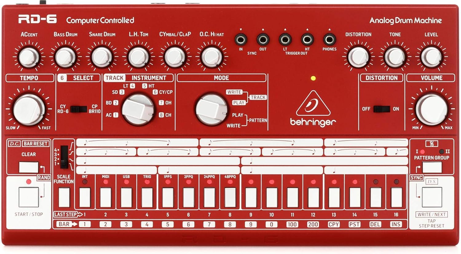 Behringer RHYTHM DESIGNER RD-6-RD Analog Drum Machine with 8 Drum Sounds, 64 Step Sequencer and Distortion Effects