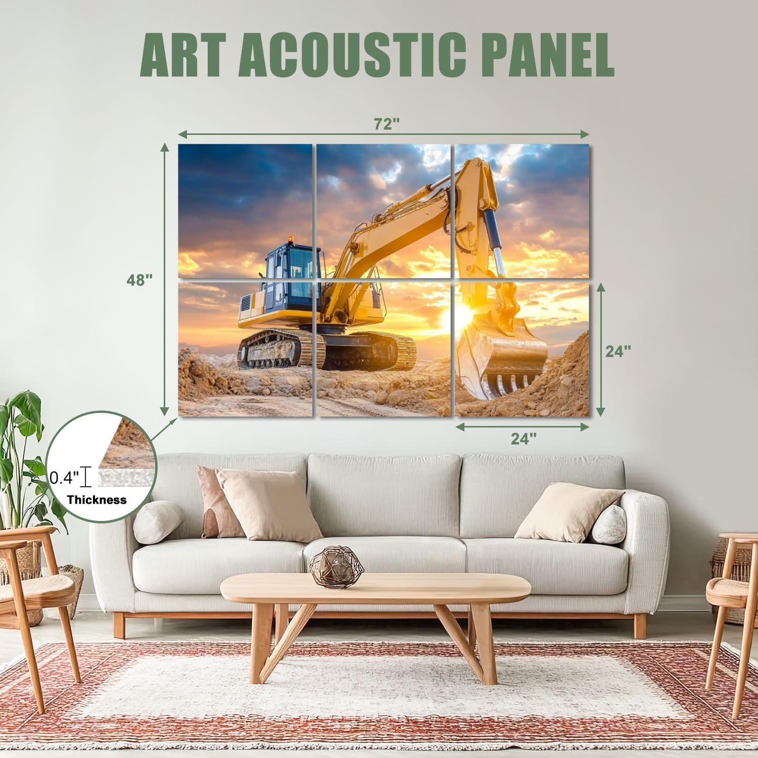 6 Pack Art Acoustic Panels Sound Absorbing Excavator Construction Site Setting Sun Sunset Dirt Pile Cloudy Sky Decorative Soundproof Wall Panels Self Adhesive for Recording Studios Office 72
