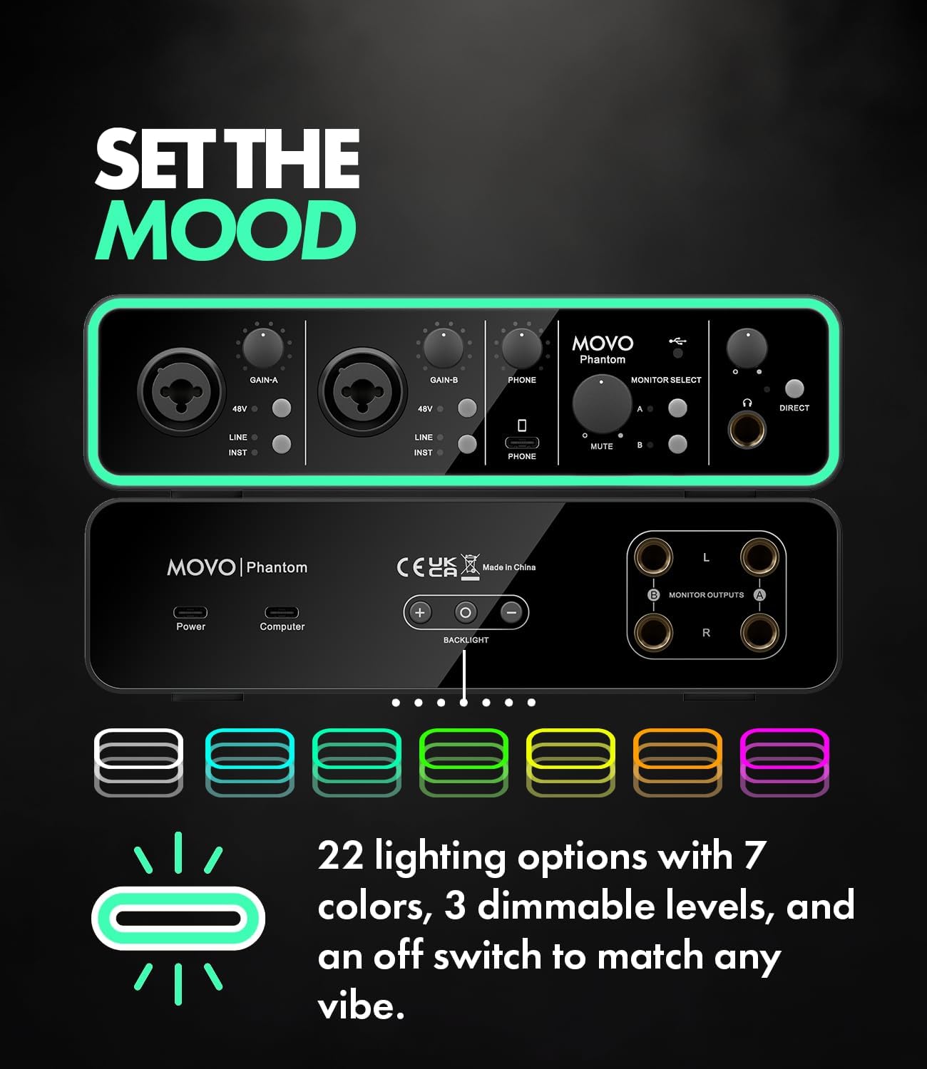 Movo Phantom Dual Channel USB/USB-C Audio Interface for Recording, Songwriting, Podcasting, Audio Production w/USB-C Smartphone Input Connection