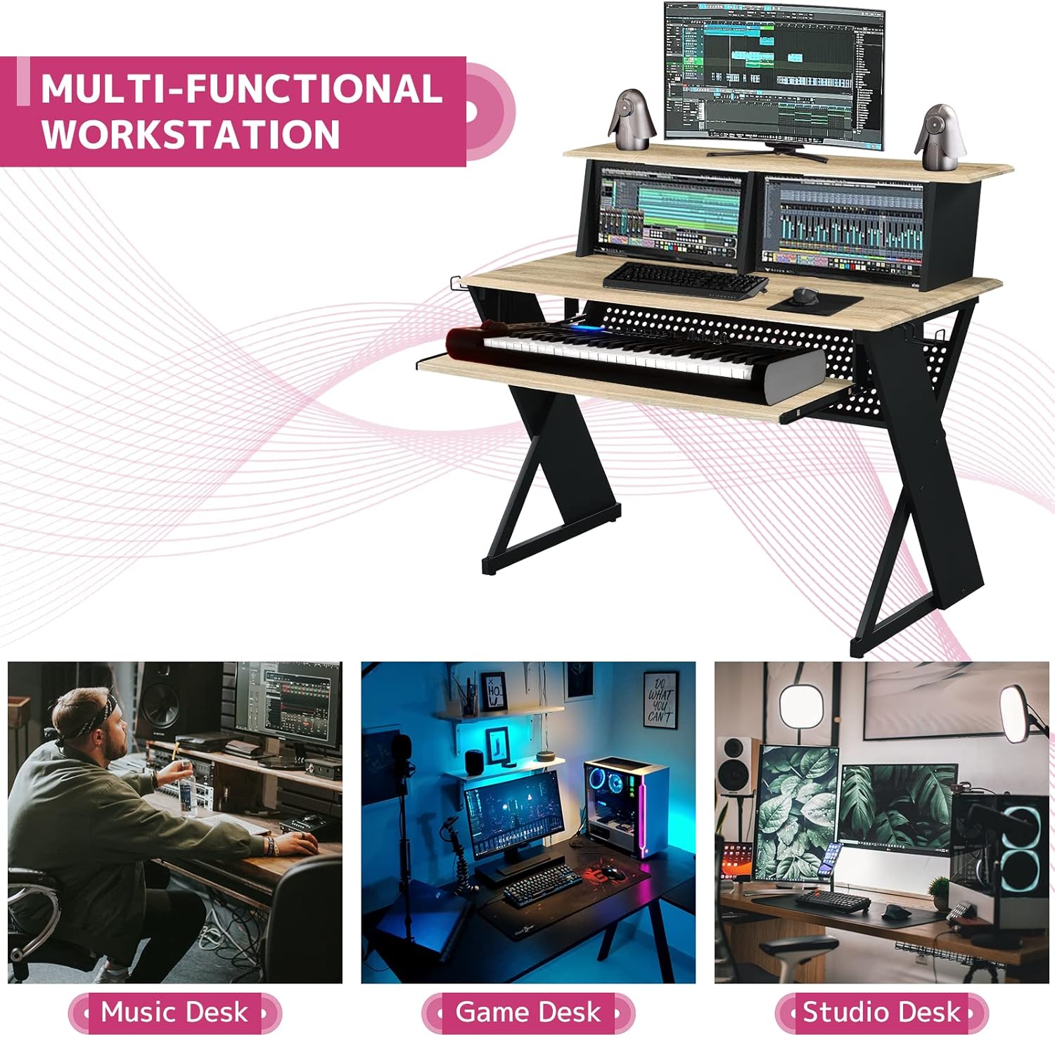 Acme Furniture Rectangular Music Desk Table with Earphone Rack, Natural and Black