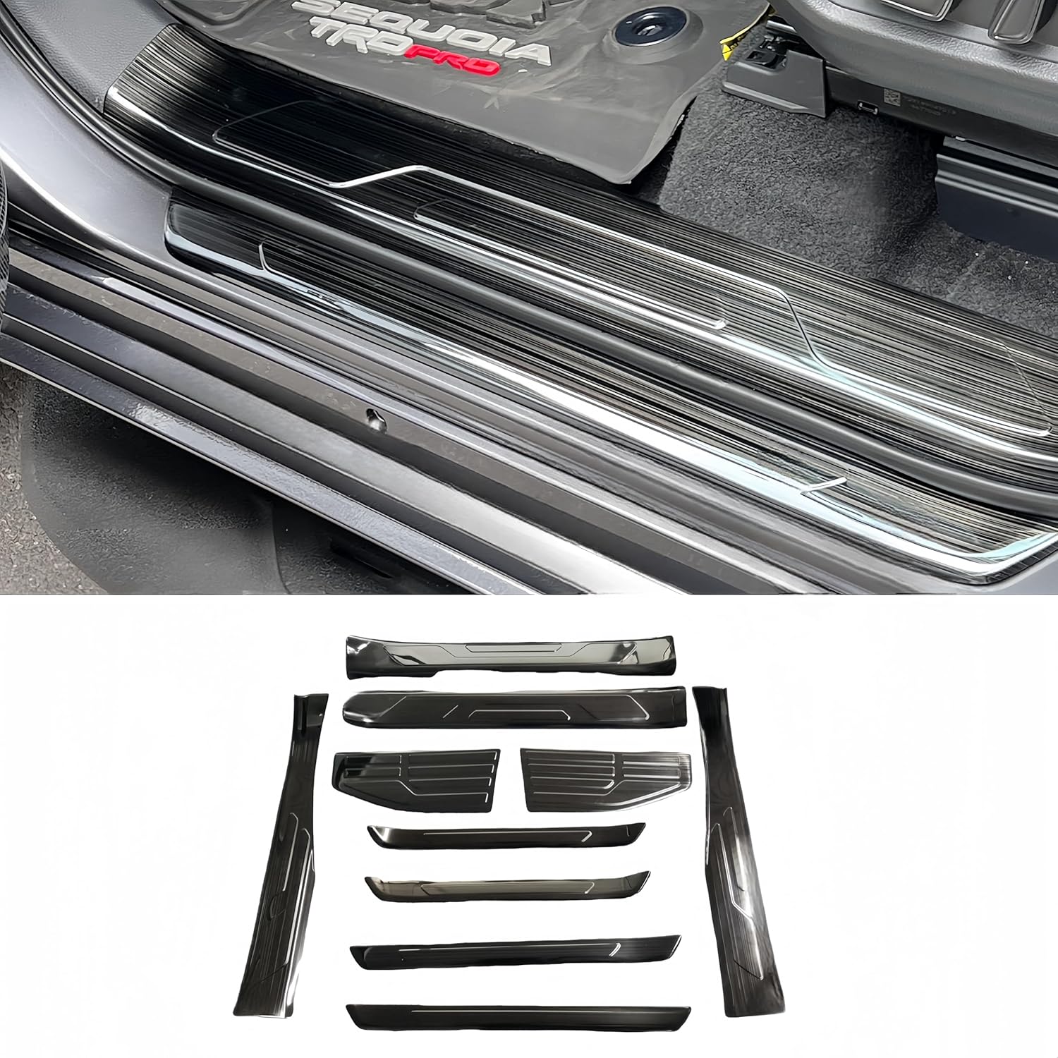 Car Door Sill Protector [Stainless Steel] for 2023 2024 Toyota Sequoia Accessories, Door Sill Scratch Protection, Interior Upgrade to SS Series, 10pcs. (Black Brushed SS)