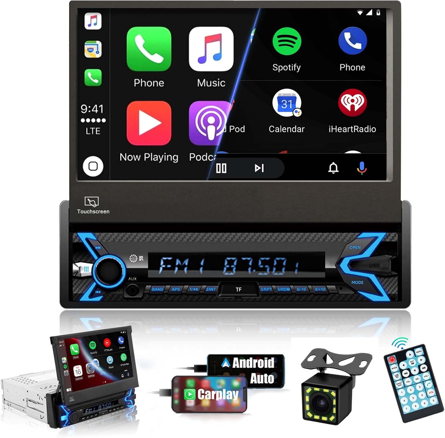 Single Din Car Stereo Compatible with Apple Carplay & Android Auto, 7 Inch Motorized Flip Out Foldable HD Touchscreen,Backup Camera, with Bluetooth/Mirror Link/Camera/FM/USB/SWC/TF/AUX/Subwoofer