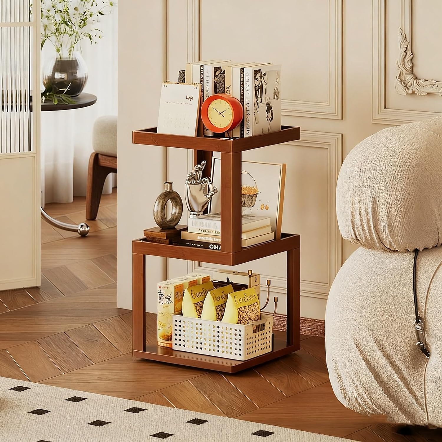 Rolling End Table Open Bookshelf 360° Spinning Book Shelf Tower for Kids, Small Book Storage Shelves Rotating Bookcase for Small Space Corner Bedroom(64cm/25in)