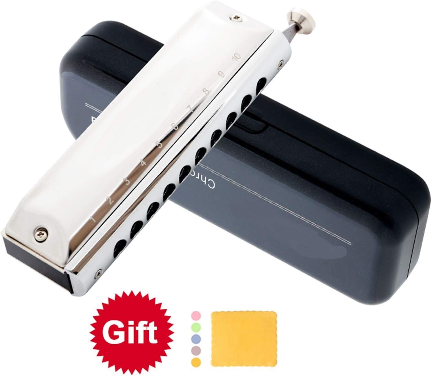 Harmonica 10 Hole 40 Tone Harmonica Chromatic Harmonica Key of C with Case for Professional Player Adult Beginner Students