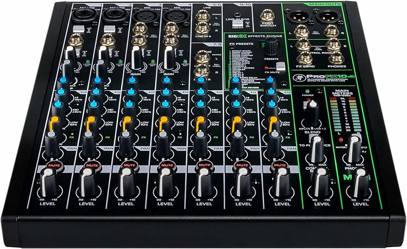 Mackie ProFX10v3 Unpowered 10-Channel FX USB Mixer Bundle - Includes Knox Gear TX-100 Closed-Back Studio Monitor Headphones, 1/4