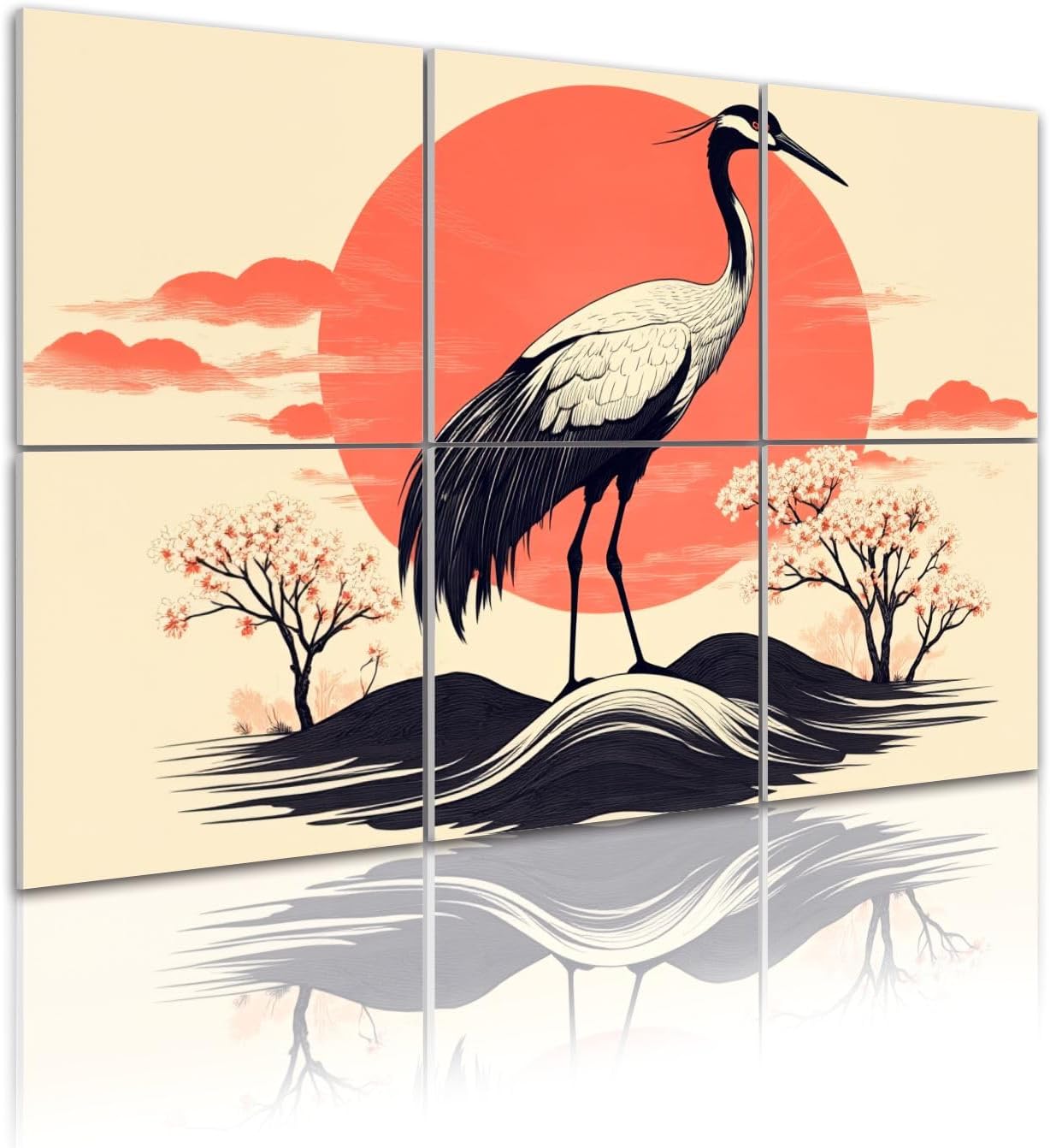 6 Pack Art Acoustic Panels Self Adhesive Elegant Crane Standing Against Bold Red Sun Cherry Blossom Trees Decorative Soundproof Wall Panels Sound Absorbing Panel 48
