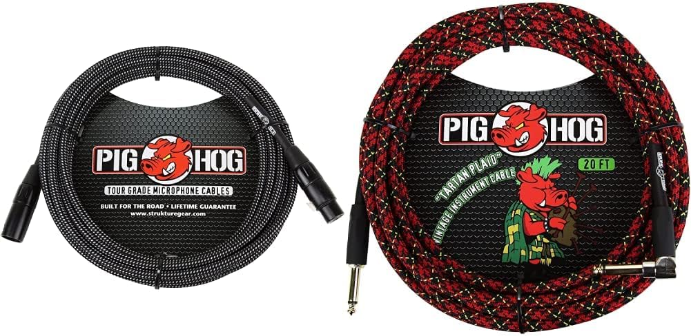 Pig Hog PHM20BKW Black/White Woven High Performance XLR Microphone Cable, 20 Feet & PCH20PLR Right-Angle 1/4