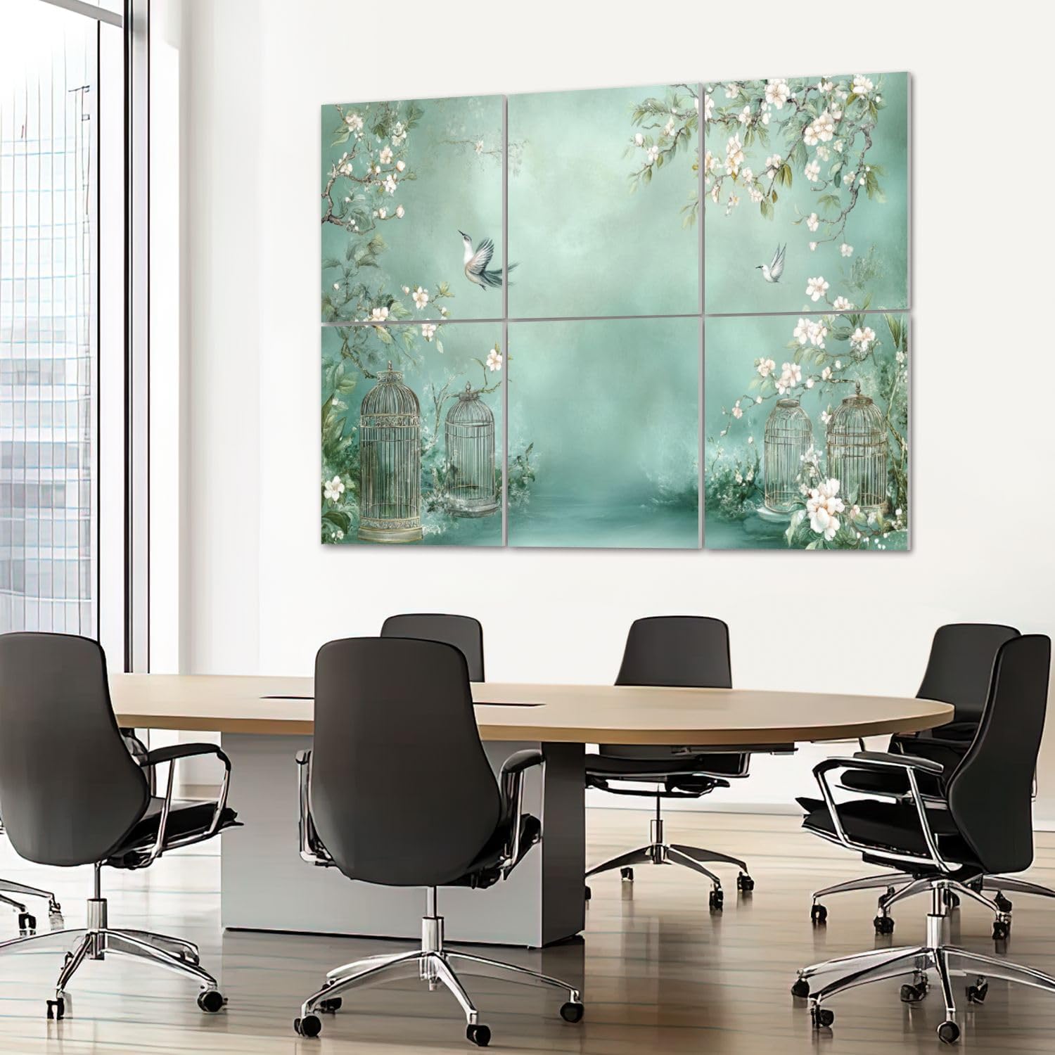 6 Pack Art Acoustic Panels Sound Absorbing Chinoiserie Plum Blossom Bird Vintage Green Floral Flowering Branches Decorative Soundproof Wall Panels Self Adhesive for Recording Studios Office 72