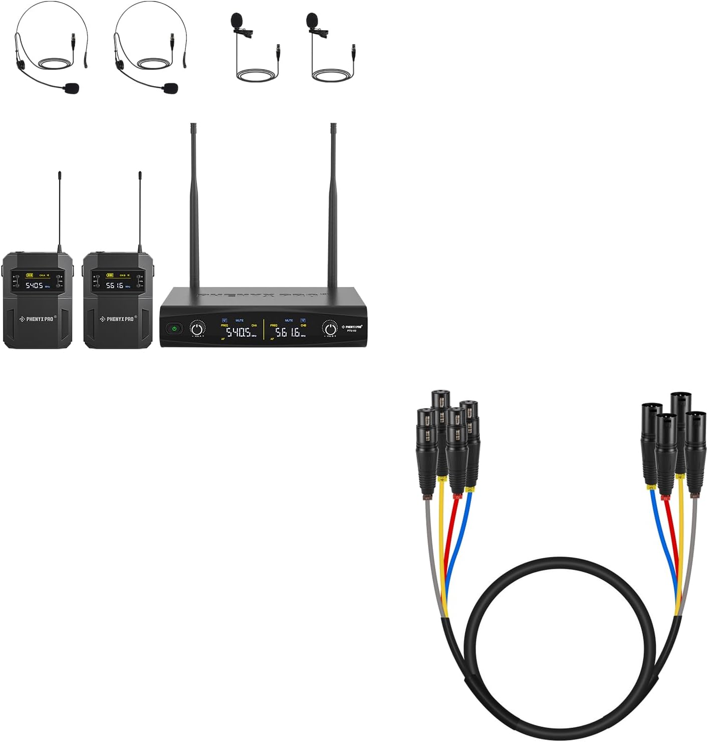 Phenyx Pro UHF Wireless Microphone System PTU-52-2B Bundle with 4 Channel XLR Cable PCBL-4IN1-3