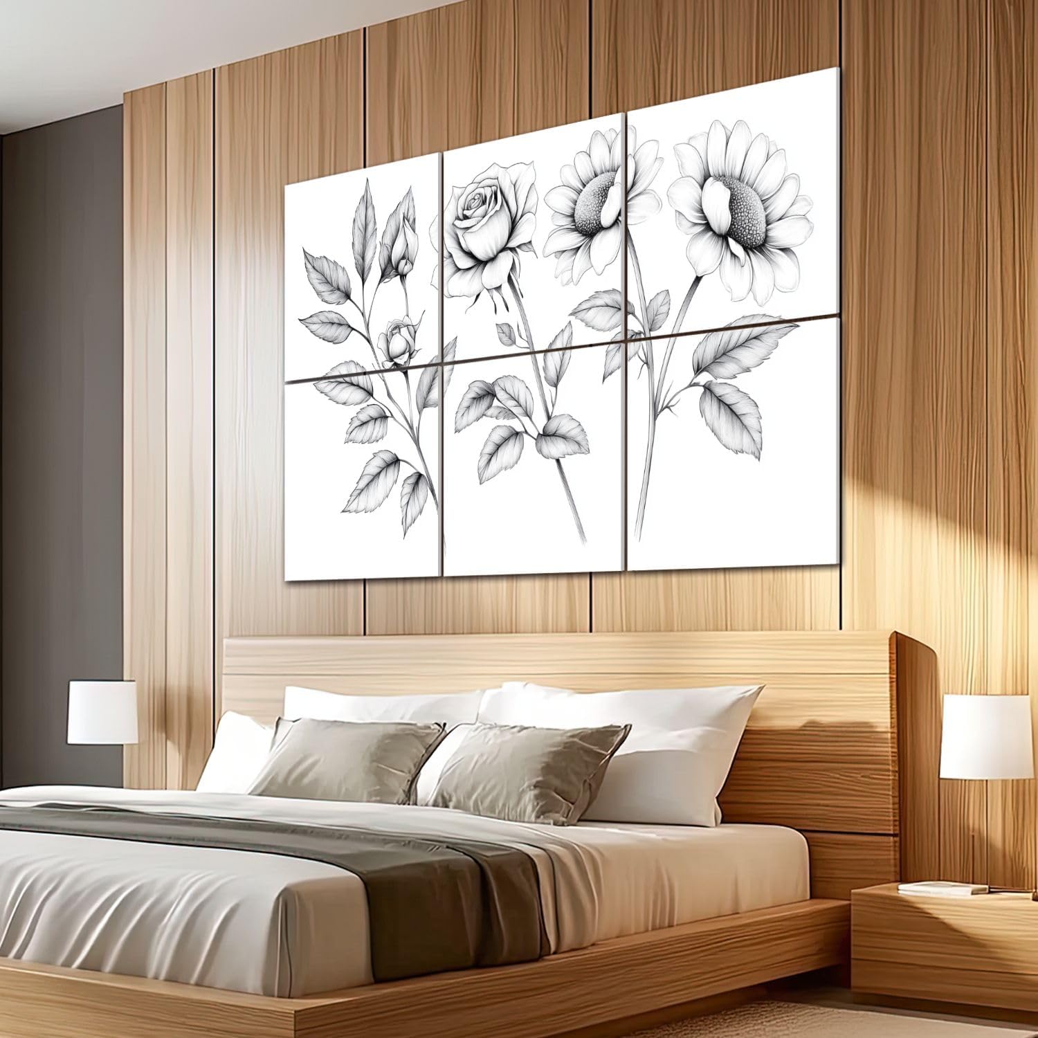 6 Pack Art Acoustic Panels Sound Absorbing Daisies Navy Flower Sunflower Leaves Stem Petals Black drawn Decorative Soundproof Wall Panels Self Adhesive for Recording Studios Office 72