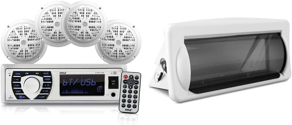 Pyle Marine Radio Receiver Speaker Set + Water Resistant Marine Stereo Cover (White)