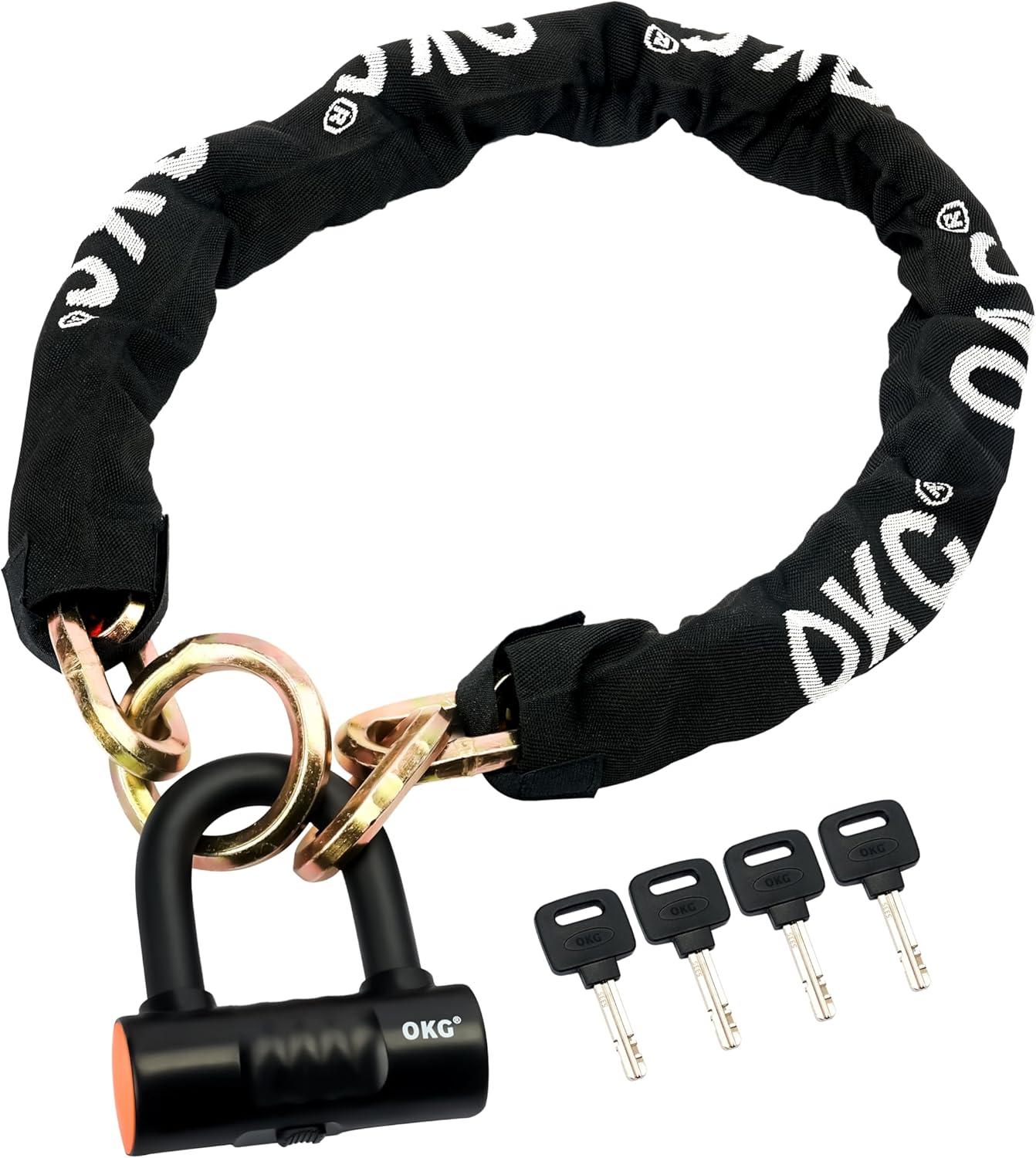OKG Heavy Duty Motorcycle Chain Lock, 4 Keys, 3.3 ft x 1/2 in (12mm) Thick Hexagonal Cinch Security Chain with 18mm Cut Proof Hardened Alloy Steel U Lock for Motorcycles, E-Bikes, Mopeds, ATVs, Etc.