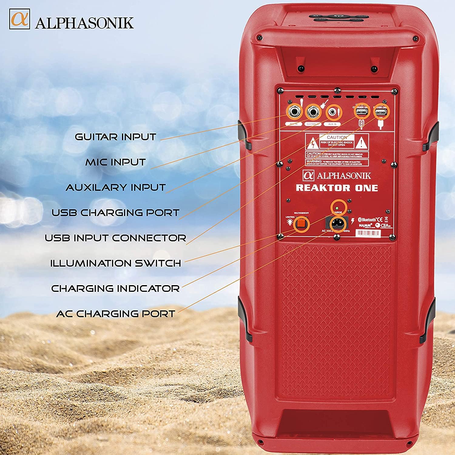 Alphasonik Reaktor One Portable Party Speaker Box High Power Alpha Bass Technology Wireless Bluetooth Mic and Guitar Inputs Phone Charger USB Player AUX App Control Long Lasting Battery up to 18 Hours