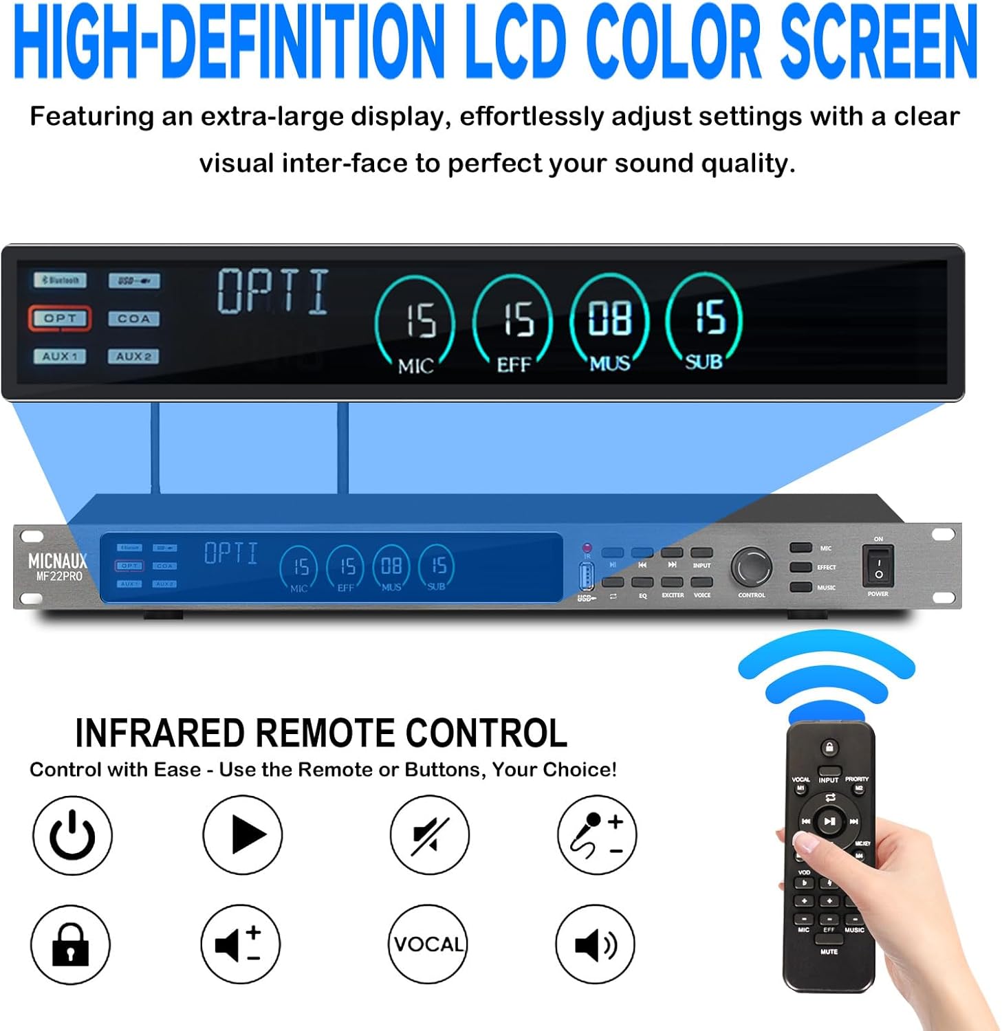 Digital Karaoke Processor KTV Mixer, Professional Pre-Stage Effector Audio Vocal Effects Processor Dual Wireless Microphones System with DSP Anti-Howling USB Bluetooth Optical Input (Silver)