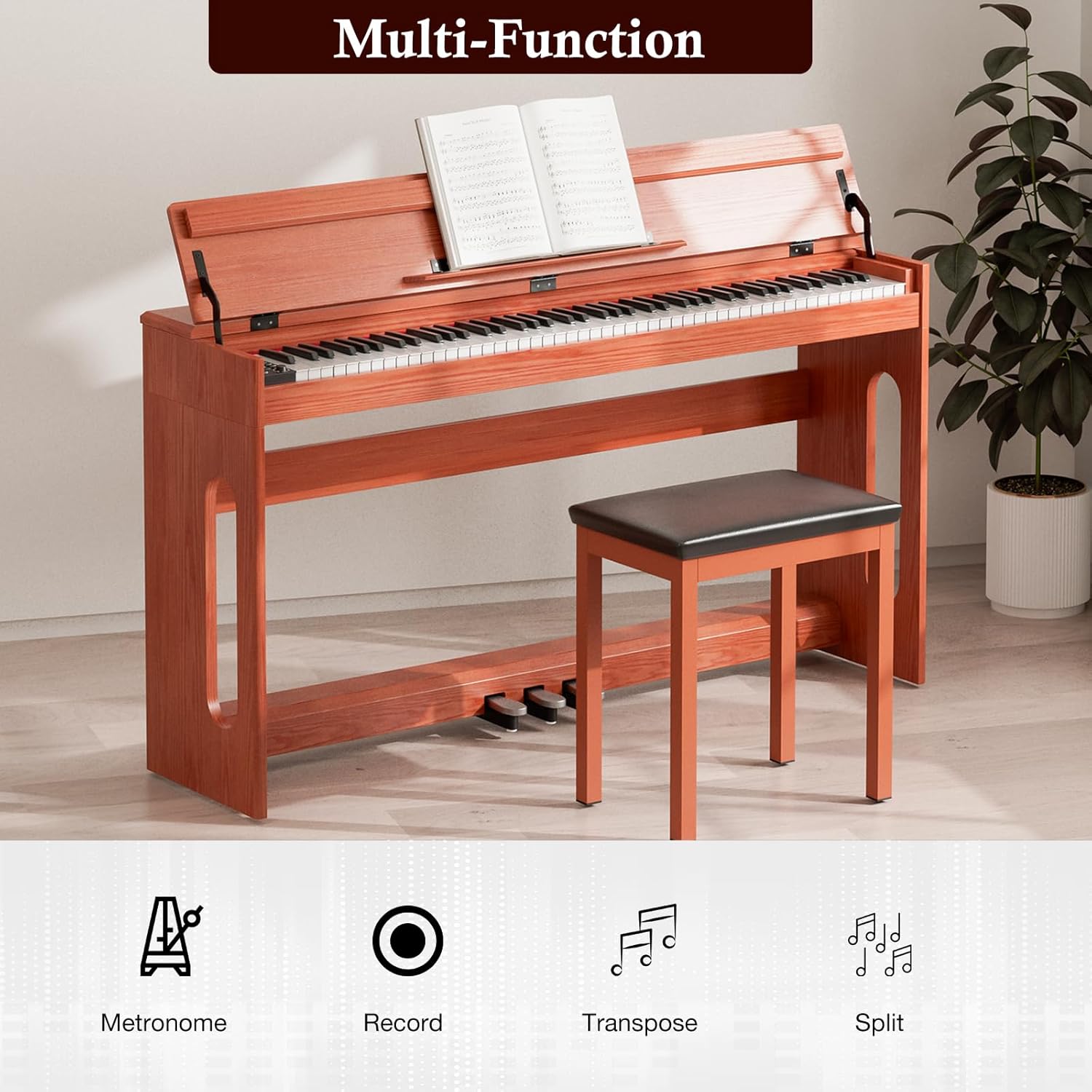 UMOMO U-738 88 Key Digital Piano Keyboard, Full Size Electric Piano with Piano Stand, Headphone Jack, 3 Pedal, Electronic Piano for Beginner, Adults, Brown
