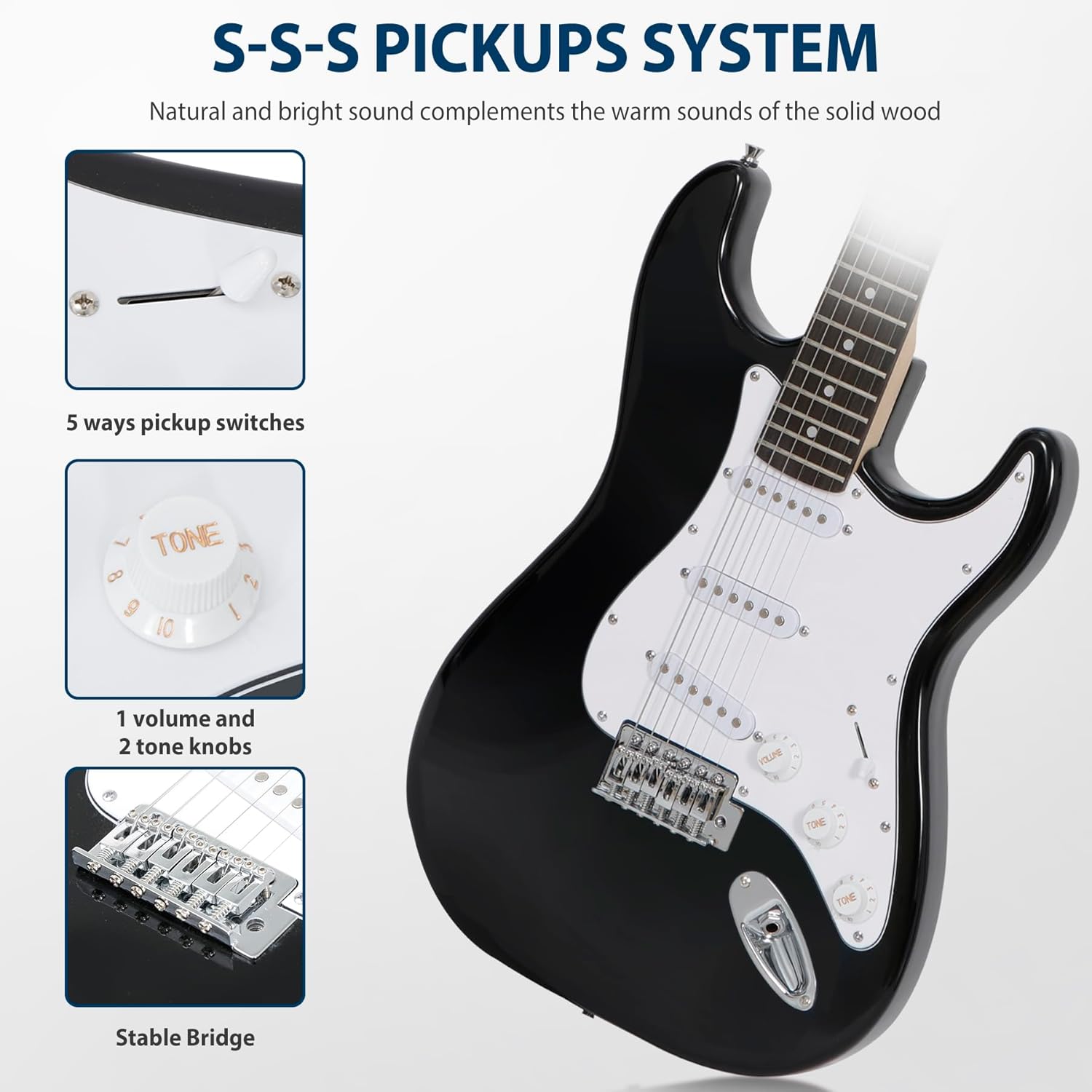 39 Inch Full Size Electric Guitar Beginner Starter Kit with 10W Amplifier, Bag, Strap, Strings, Tuner, Cable, Picks, Black