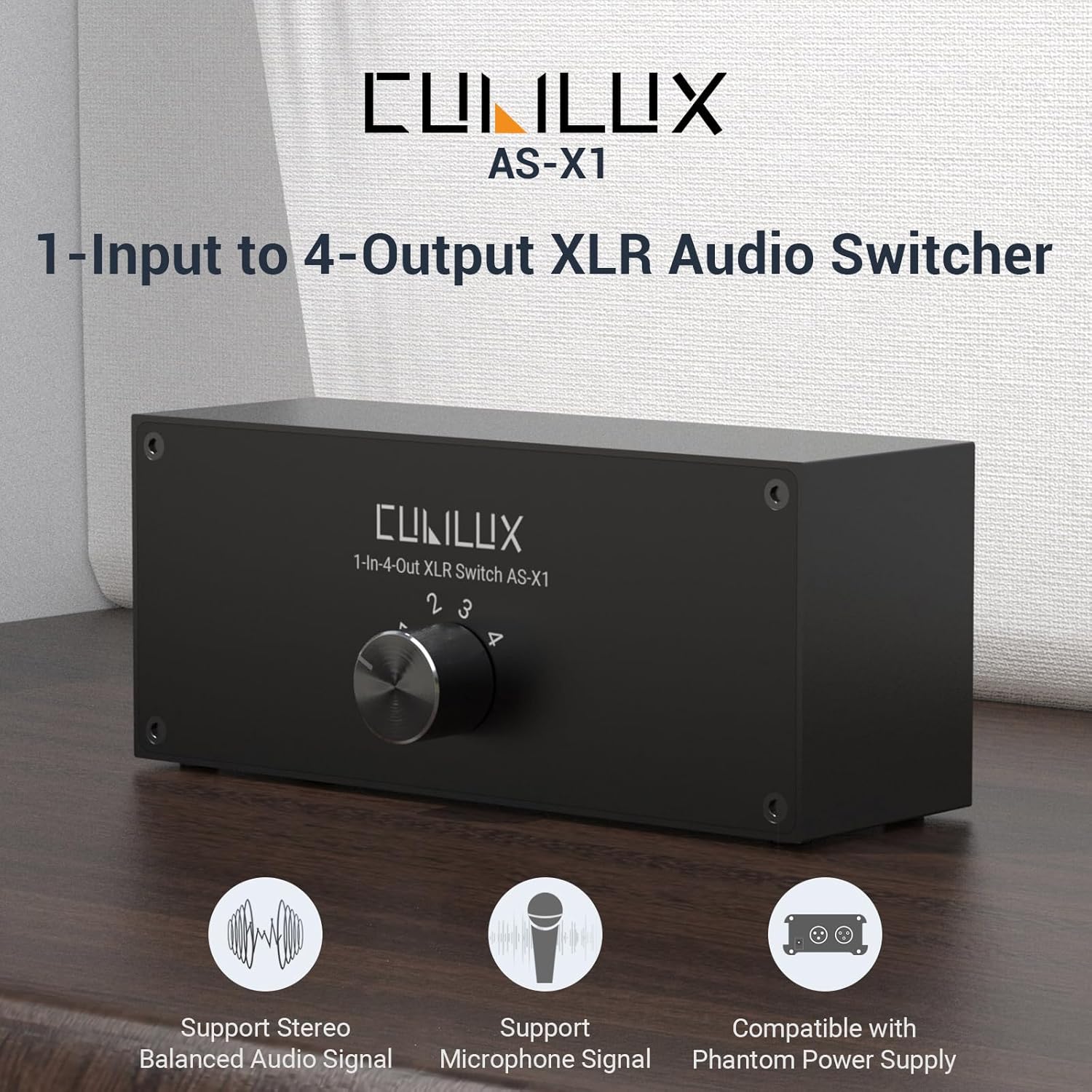 Cubilux AS-X1 1-In-4-Out Stereo XLR Audio Selector, Passive 1-Female to 4-Male Balanced XLR Source Switcher Box
