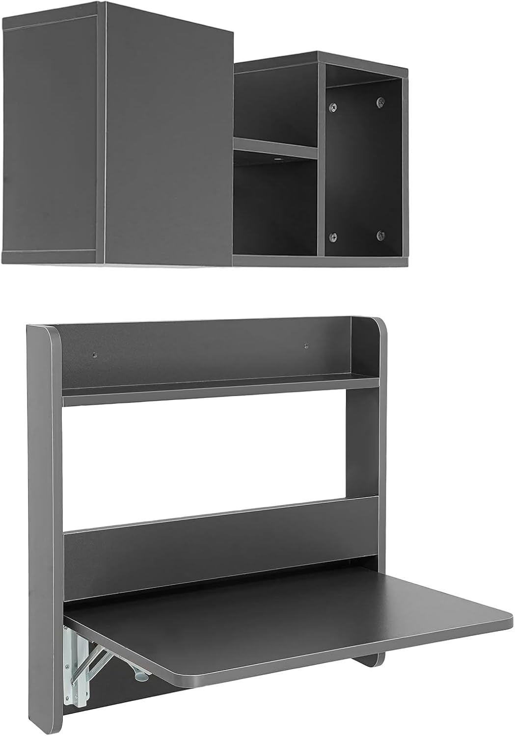 Wall Mounted Desk & Bookshelf, Folding Space Saving Wall Mounted Table with Storage Compart Space, Fold Down Laptop Desk for Home Office (Grey)