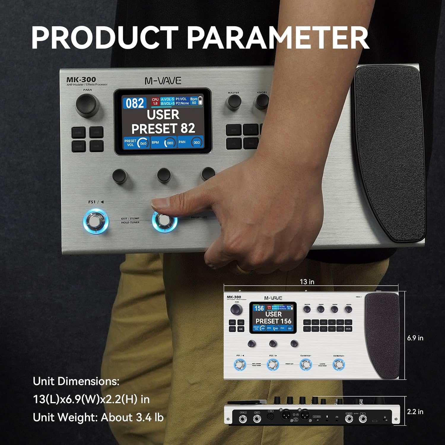 Multi-Effects Guitar Bass Pedal with 360+ Effects IRS Delay, Reverb, Modulation, Preamp, AMP Model, 160 Preset Storage, Built-in 300' LOOPER 128 Drum Machine, DS MK-300 MIDI Support