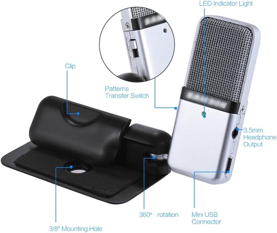 Microphone Clip Type Mini Portable Recording Condenser Microphone with USB Cable Carrying Case Suitable for Computer