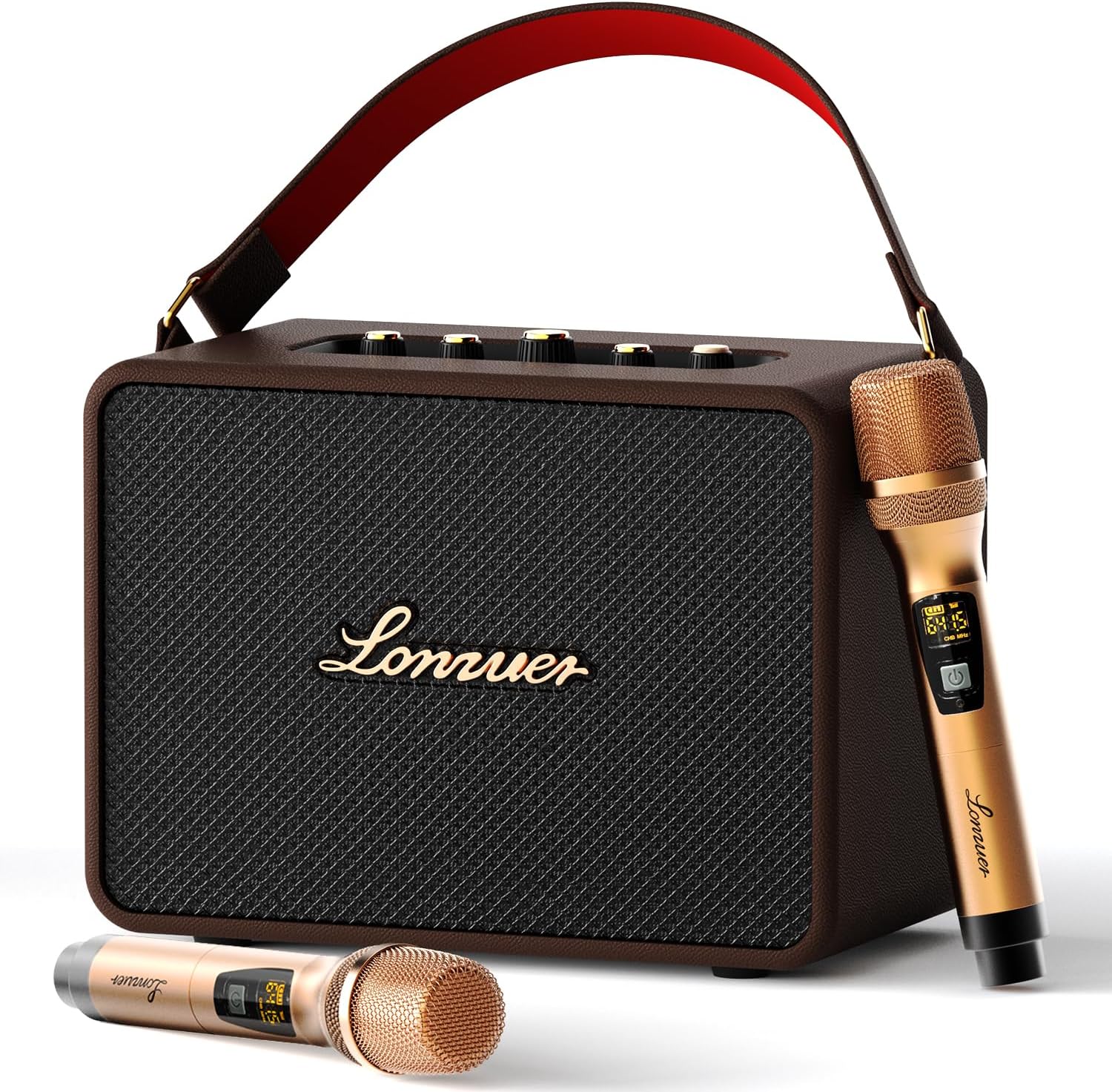 18000mAh Rechargeable 120W Loud Bass Retro Portable Karaoke Machine Bluetooth Speaker with 2 Wireless Microphones AUX Guitar Input for Adults (Brown)