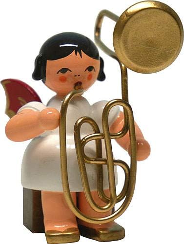 Angel with Contrabass Trombone - Red Wings - Sitting - 6 cm / 2.4 inch